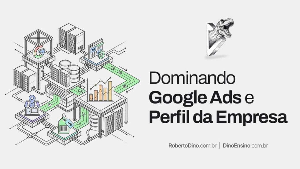 Infográfico ilustrado sobre Dominando Google Ads e Perfil da Empresa mostrando uma arquitetura de servidores e fluxos de dados conectados.