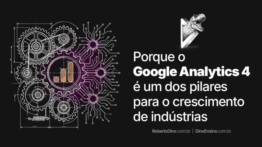 Ilustração sobre o Google Analytics 4 como pilar para o crescimento de indústrias, mostrando engrenagens e circuitos digitais em fundo escuro.