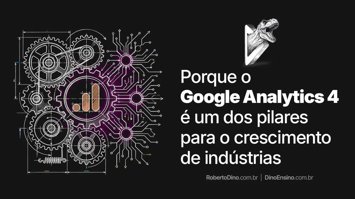 Ilustração sobre o Google Analytics 4 como pilar para o crescimento de indústrias, mostrando engrenagens e circuitos digitais em fundo escuro.
