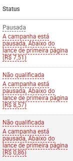 Painel de status de campanhas no Google Ads exibindo avisos de campanhas pausadas e abaixo do lance de primeira página com valores monetários.