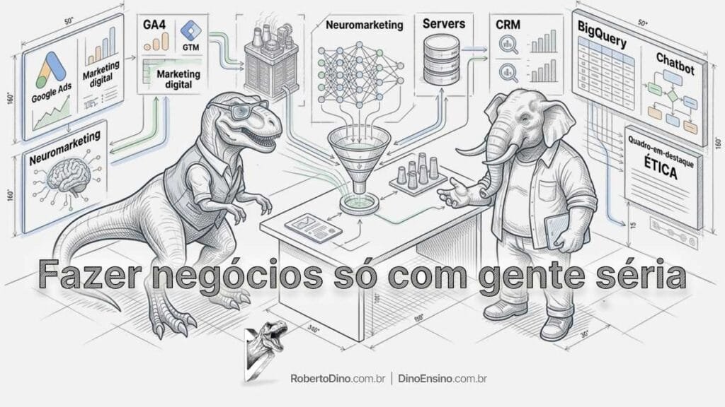 Ilustração com o título "Fazer negócios só com gente séria" mostrando um dinossauro e um elefante executivos analisando funis de dados e arquitetura de marketing.