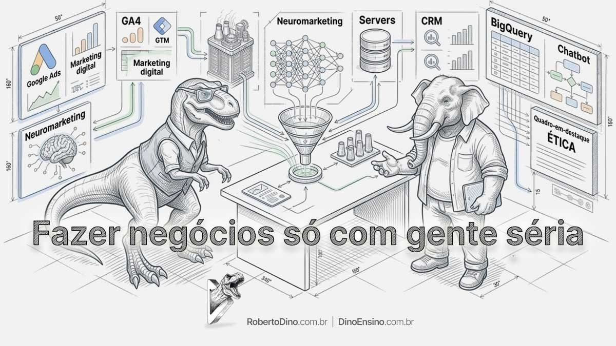 Ilustração com o título "Fazer negócios só com gente séria" mostrando um dinossauro e um elefante executivos analisando funis de dados e arquitetura de marketing.