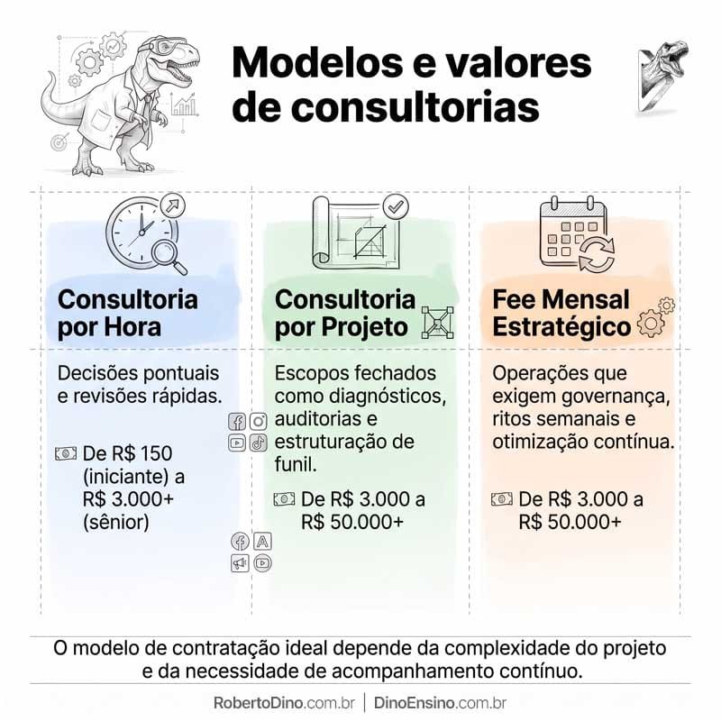 Infográfico comparativo sobre modelos e valores de consultorias em marketing divididos por hora, por projeto e fee mensal estratégico.