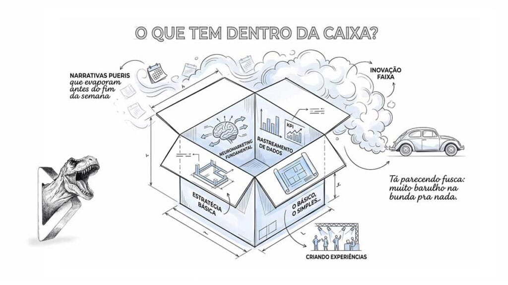 Ilustração com elementos do marketing que representam o "pensar fora da caixa" no marketing, sem saber o que tem dentro da caixa.