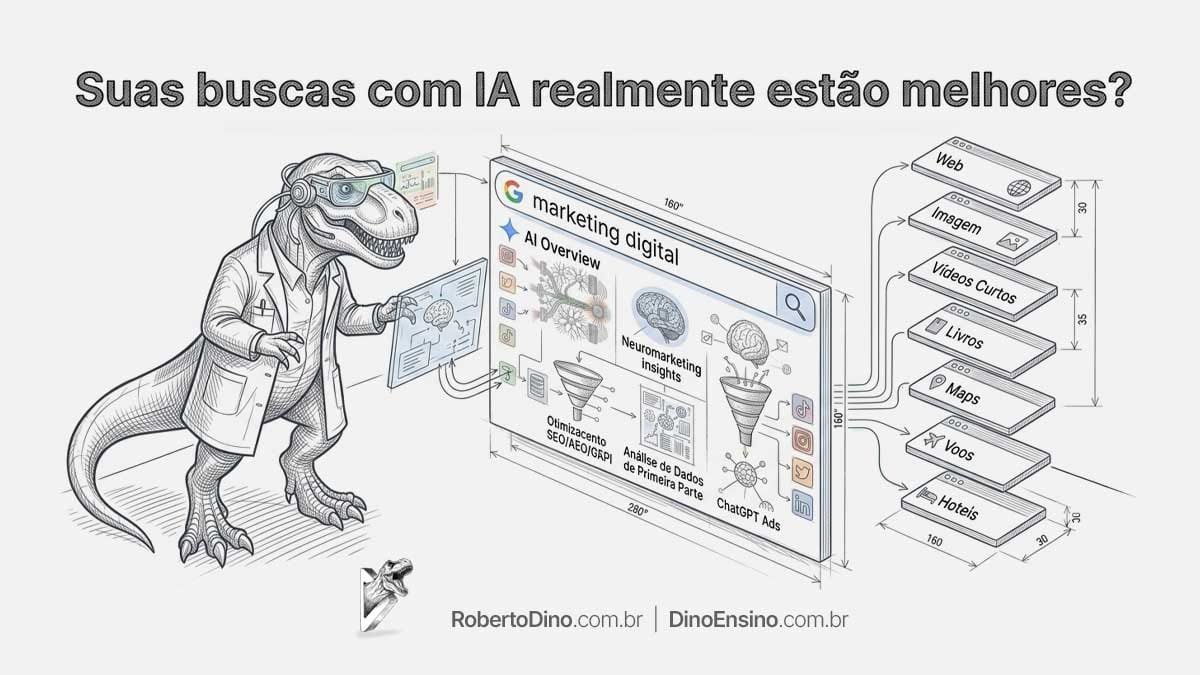 Ilustração com o título "Suas buscas com IA realmente estão melhores?" mostrando um dinossauro de jaleco operando um painel interativo de marketing digital, SEO e inteligência artificial.