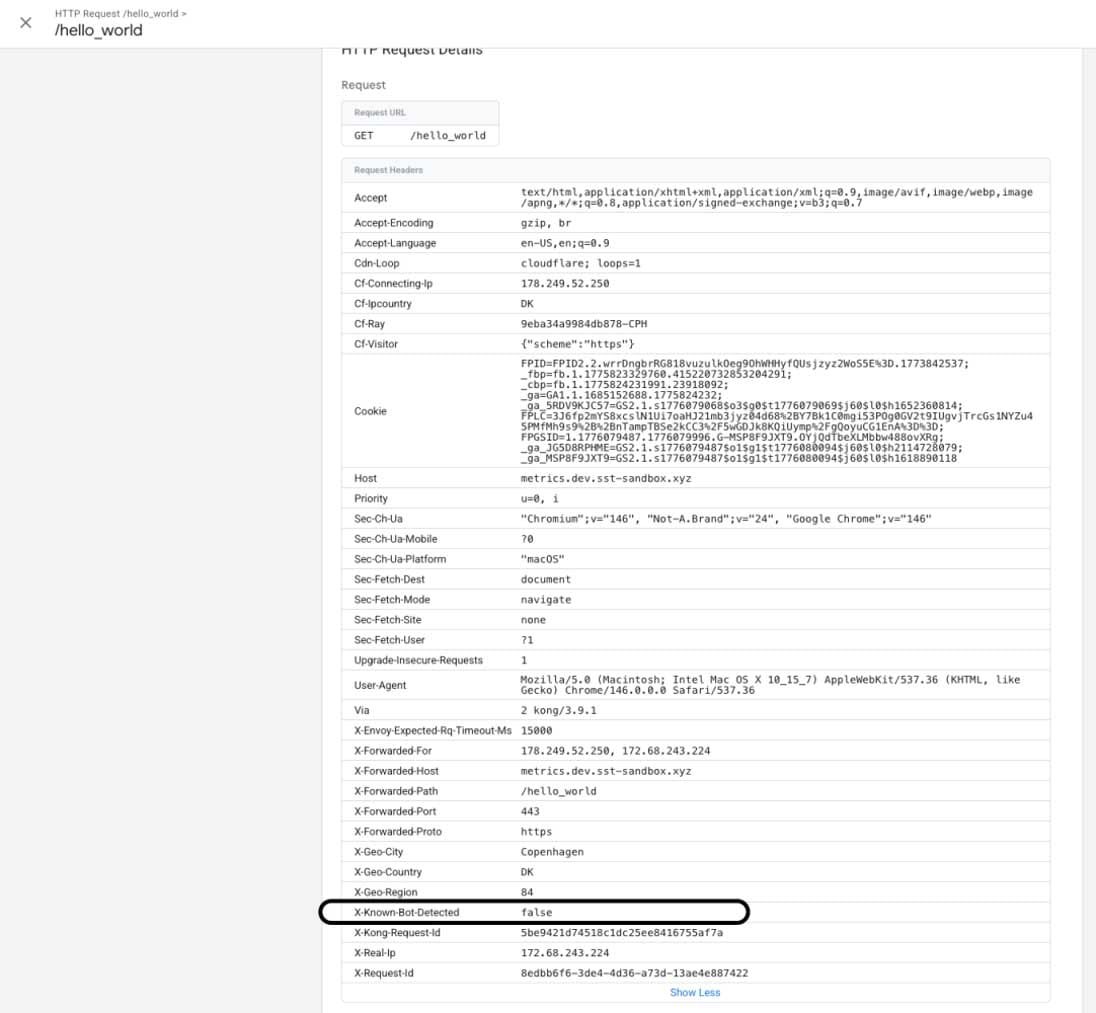 Painel de detalhes de requisição HTTP exibindo cabeçalhos, cookies e parâmetros técnicos com destaque para o campo X-Known-Bot-Detected.