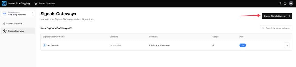 Painel do Usercentrics Signals Gateways exibindo a lista de gateways configurados e o botão para criação de novas instâncias para traqueamento de dados.