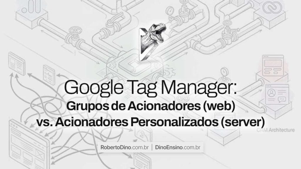 Infográfico técnico sobre Google Tag Manager (GTM) comparando Grupos de Acionadores (web) vs. Acionadores Personalizados (server) sobre fundo com tubulações e nós de dados.