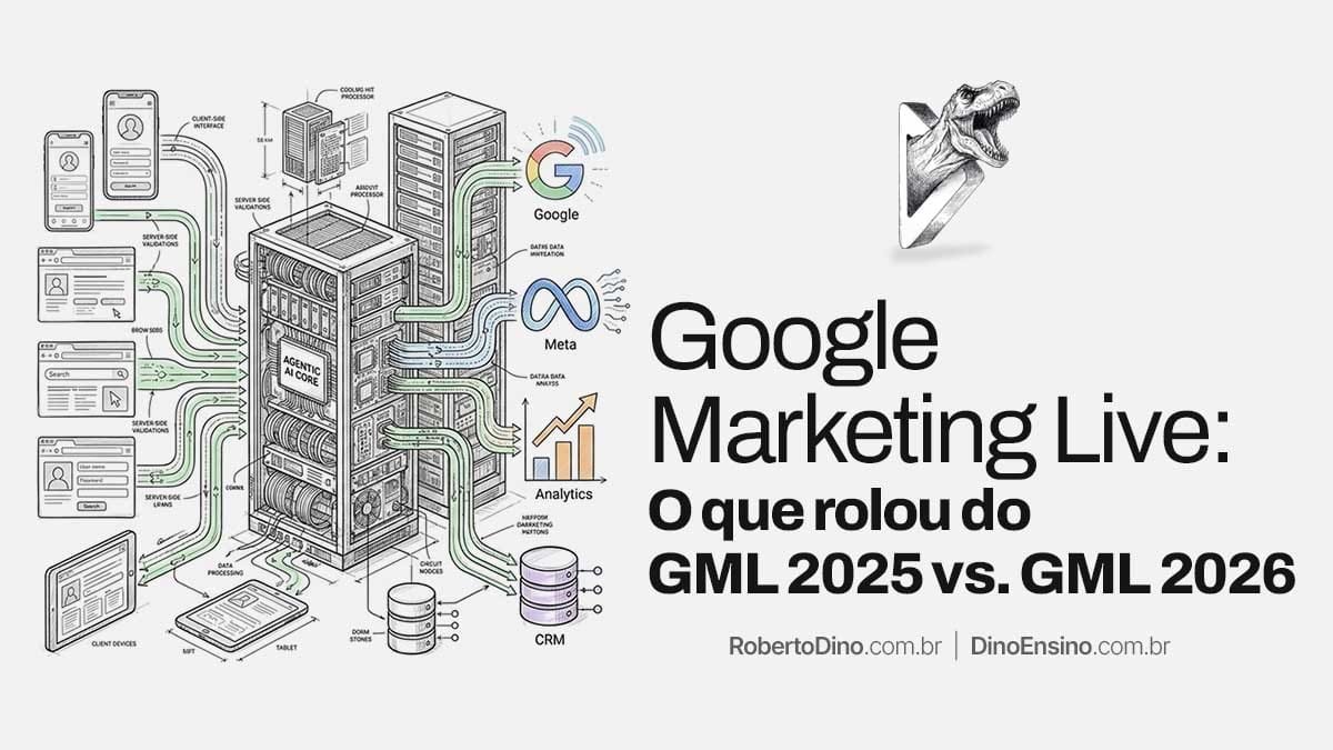 Infográfico comparativo sobre o Google Marketing Live abordando O que rolou do GML 2025 vs. GML 2026 com torres de servidores e arquitetura de dados.