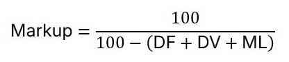 Fórmula matemática para o cálculo do índice de marcação de preço, expressa como $Markup = frac{100}{100 - (DF + DV + ML)}$.