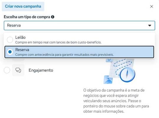 Interface de criação de campanha no Meta Ads exibindo o menu suspenso de tipo de compra com a opção Reserva selecionada.