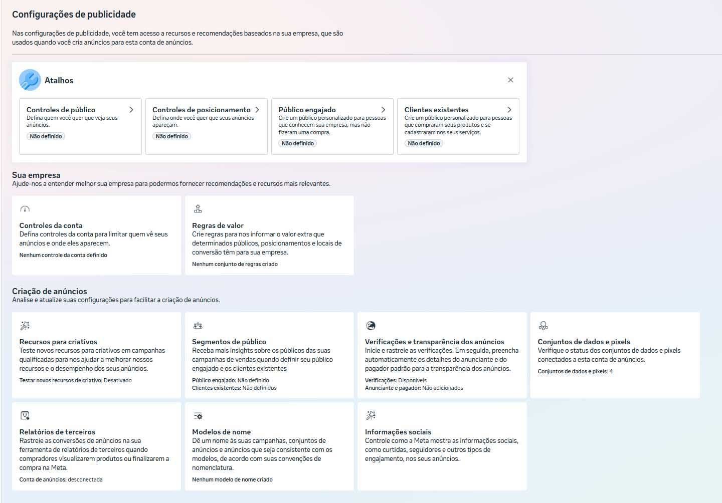Painel de configurações de publicidade do Gerenciador de Negócios da Meta exibindo seções de atalhos, dados da empresa e criação de anúncios.