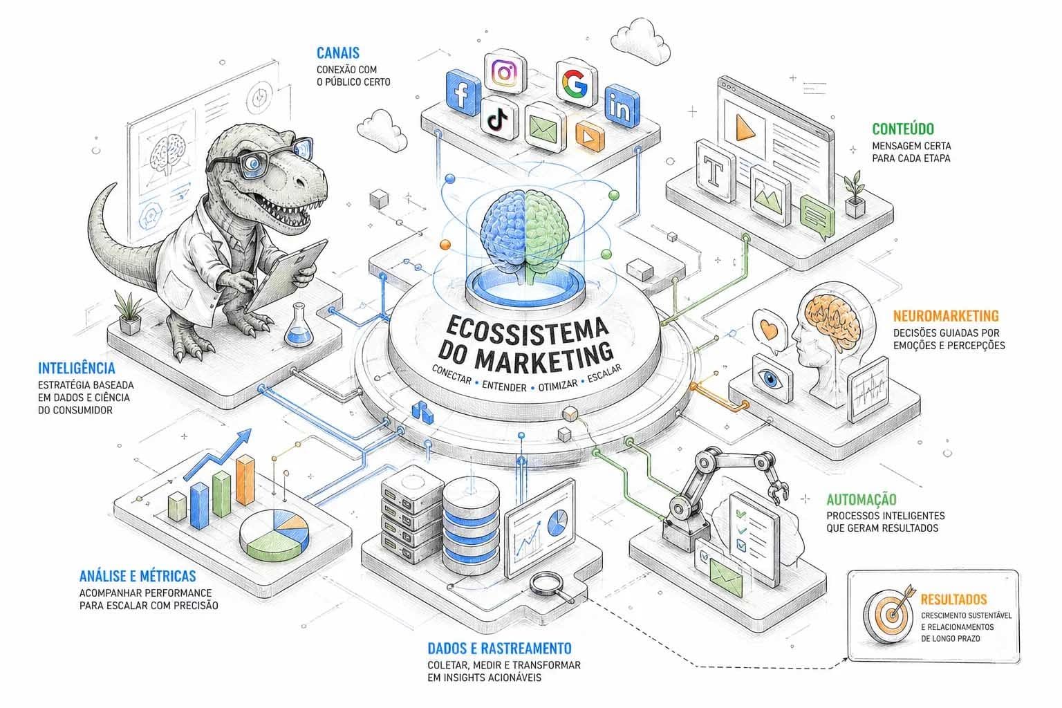 Infográfico ilustrado sobre o ecossistema do marketing mostrando um T-Rex de jaleco no centro conectando canais, inteligência, análise, dados, automação e resultados.