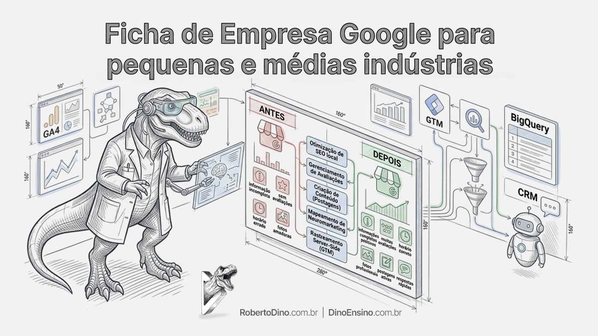 Ilustração sobre Ficha de Empresa Google para pequenas e médias indústrias mostrando um T-Rex executivo comparando cenários de ANTES e DEPOIS com ferramentas de SEO e dados.