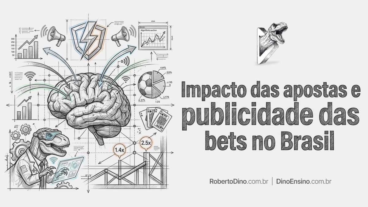 Infográfico ilustrado sobre o "Impacto das apostas e publicidade das bets no Brasil" mostrando um cérebro conectado a diagramas de apostas, futebol, gráficos e um T-Rex cientista.