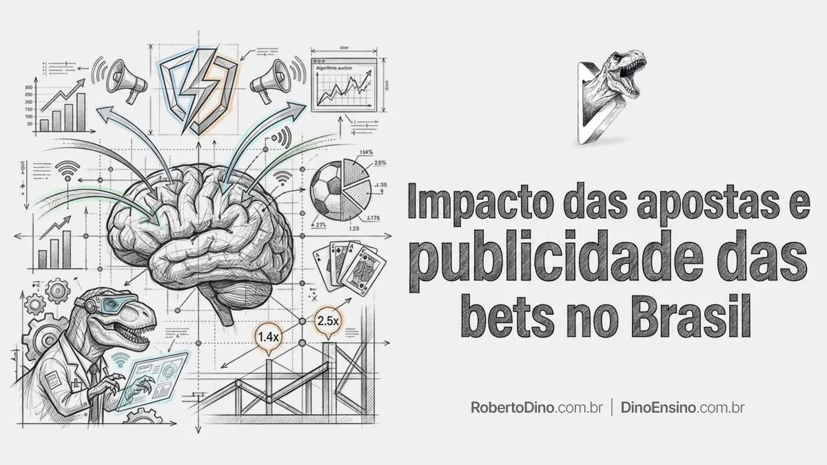 Infográfico ilustrado sobre o "Impacto das apostas e publicidade das bets no Brasil" mostrando um cérebro conectado a diagramas de apostas, futebol, gráficos e um T-Rex cientista.