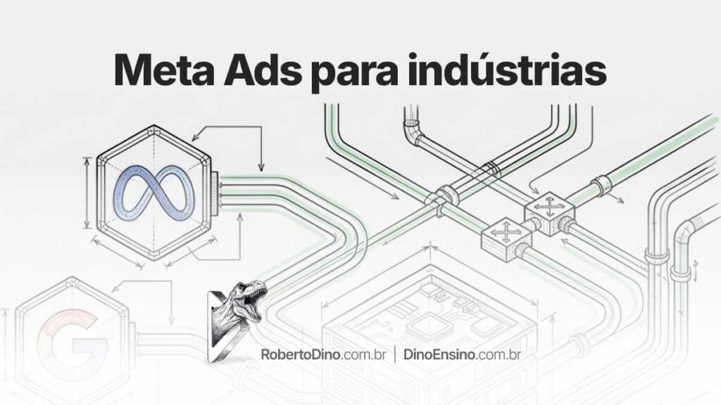 Infográfico técnico com o título "Meta Ads para indústrias" exibindo diagramas de tubulações de dados, logotipos da Meta e Google, e servidor central.
