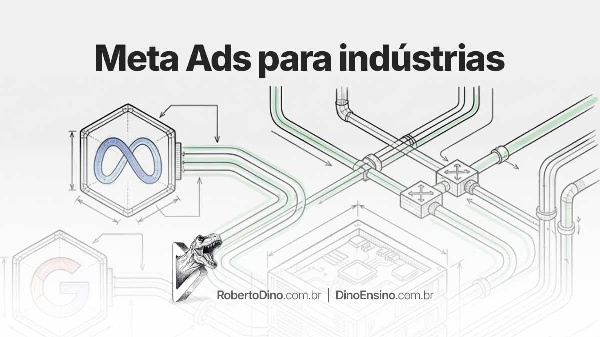 Infográfico técnico com o título "Meta Ads para indústrias" exibindo diagramas de tubulações de dados, logotipos da Meta e Google, e servidor central.