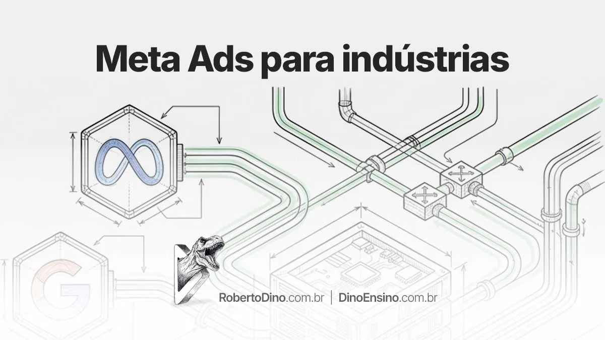 Infográfico técnico com o título "Meta Ads para indústrias" exibindo diagramas de tubulações de dados, logotipos da Meta e Google, e servidor central.