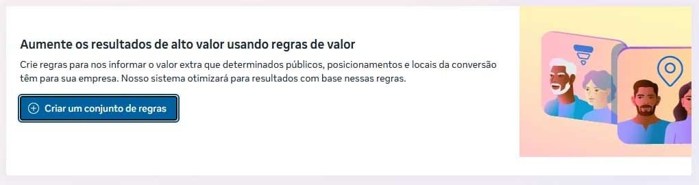 Banner do Meta Ads promovendo regras de valor para otimização de campanhas com botão "Criar um conjunto de regras".