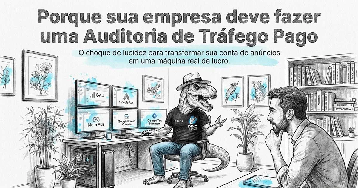 Infográfico ilustrado com o T-Rex especialista explicando uma auditoria de tráfego pago para um cliente em frente a múltiplos monitores de métricas. | Título: Porque sua empresa deve fazer uma Auditoria de Tráfego Pago