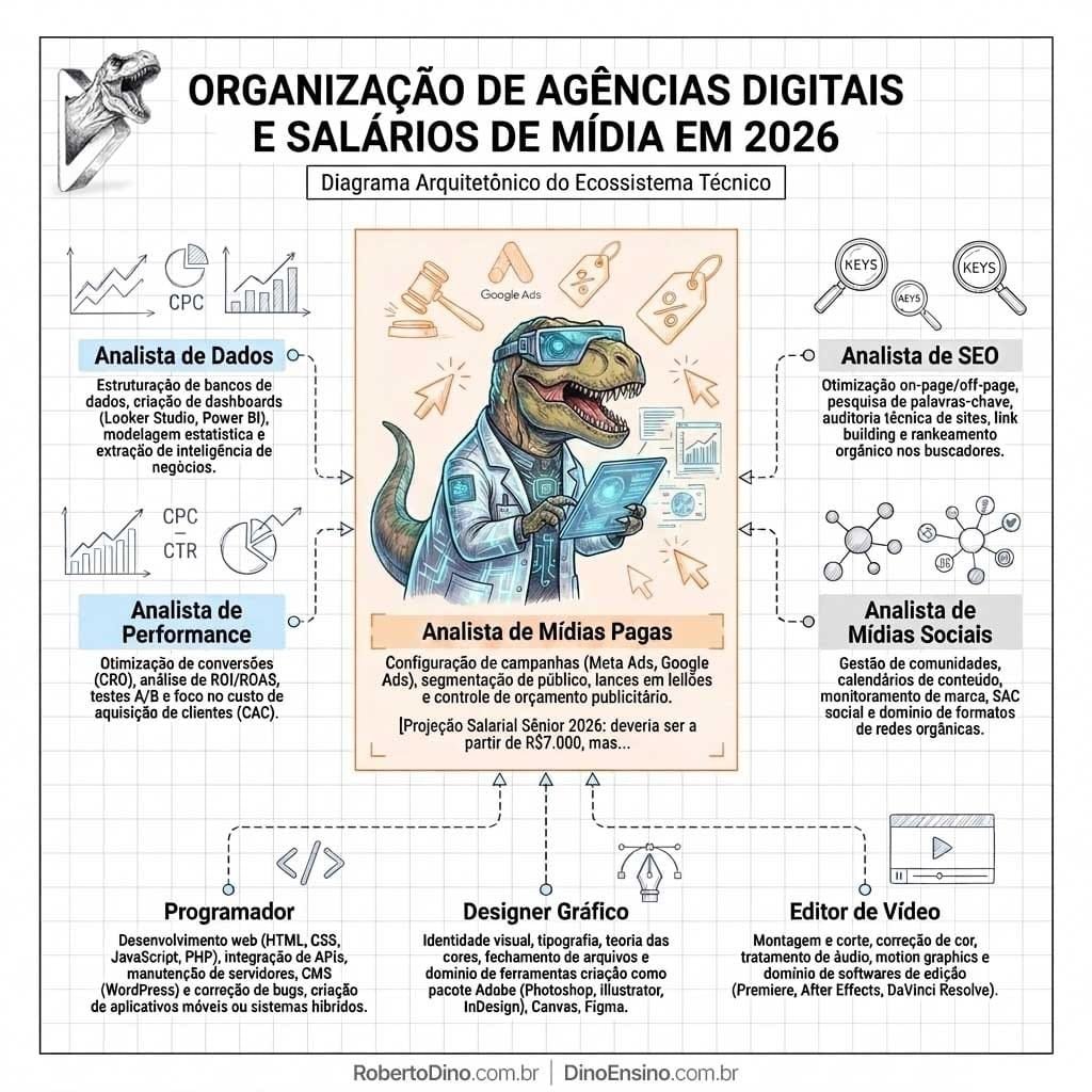 Ilustração em sketch design com título: Organização de Agências Digitais e Salários de Mídia em 2026. Um t-rex cientista de dados/analista de mídias pagas com textos informativos entorno de si sobre as funções de profissionais diversos, como analista de dados, analista de seo, analista de performance, analista de mídias sociais, programador, designer gráfico e editor de vídeo, com elementos visual, gráficos, indicadores e ícones.