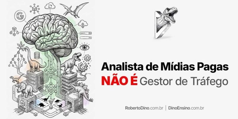 Ilustração técnica de um cérebro cibernético conectado a uma infraestrutura de dados com dinossauros e servidores, ao lado do título "Analista de Mídias Pagas NÃO É Gestor de Tráfego" e do logotipo de Roberto Dino.