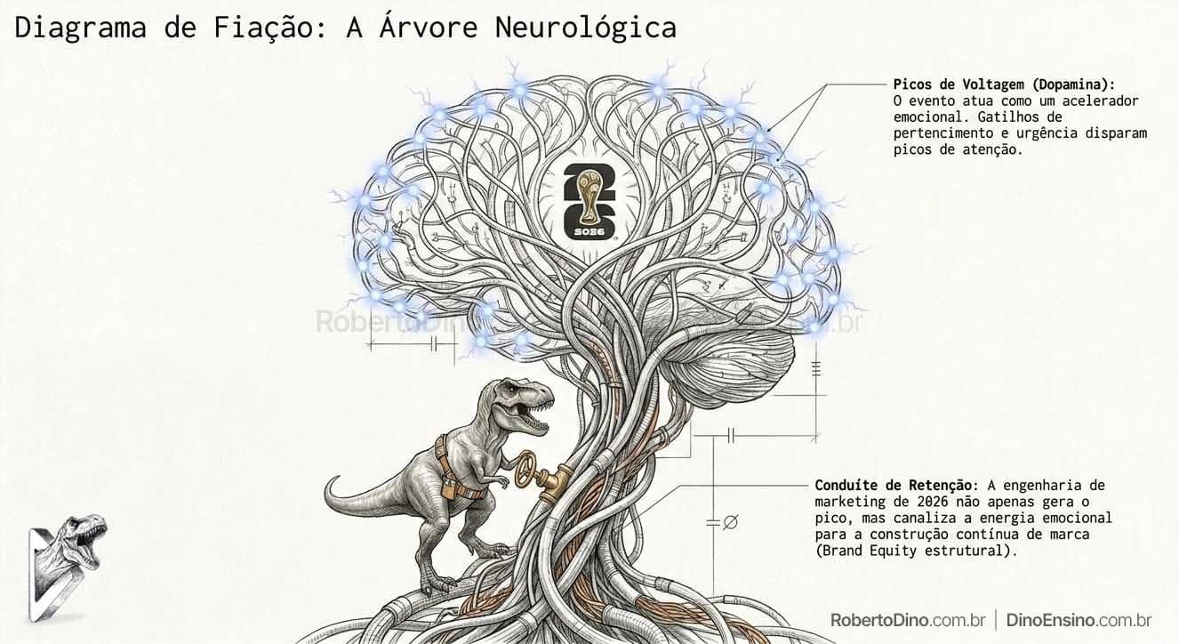 Uma ilustração estilo sketch design "Diagrama de Fiação: A árvore neurológica", com uma ávore de conexões de cabos de rede e um cano com registro, onde um t-rex abre o fluxo. No centro da árvore o logo da Copa do Mundo 2026. Textos complementares em volta da árvore.