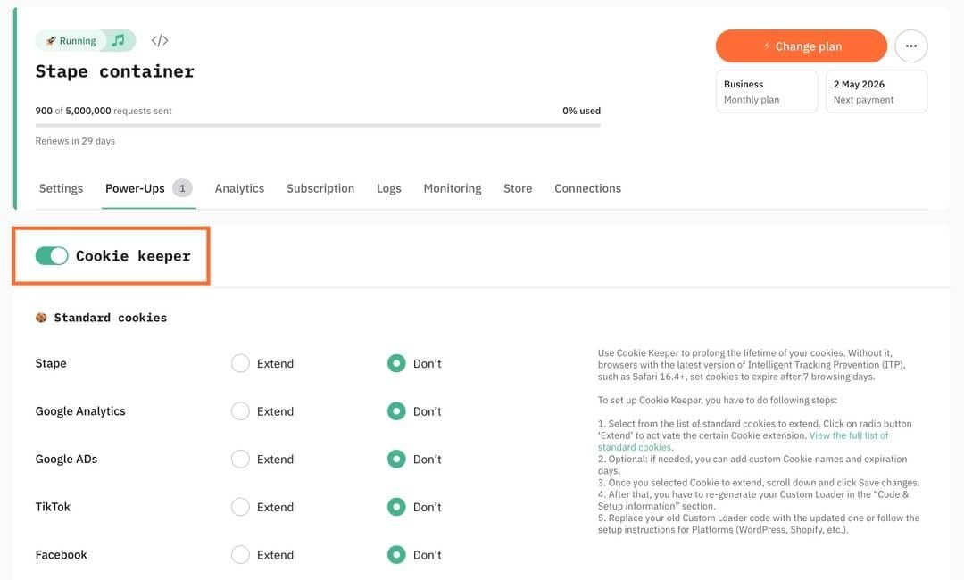 Captura de tela do painel da plataforma Stape na aba de recursos, destacando a opção Cookie keeper ativada para gerenciar a expiração de arquivos de rastreamento em serviços como Stape, Google Analytics, Google Ads, TikTok e Facebook.