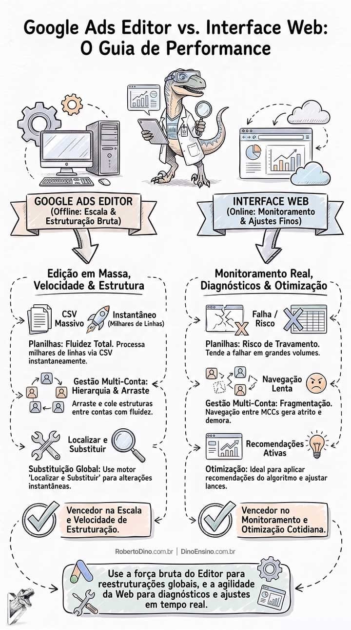Ilustração em sketch design com título: Comparativo: Google Ads Editor vs. Interface Web - O Guia de Performance. Um velociraptor cientista de dados com textos informativos sobre a interface desktop do Google Ads Editor e a do navegador, com elementos visual, gráficos, indicadores e ícones.