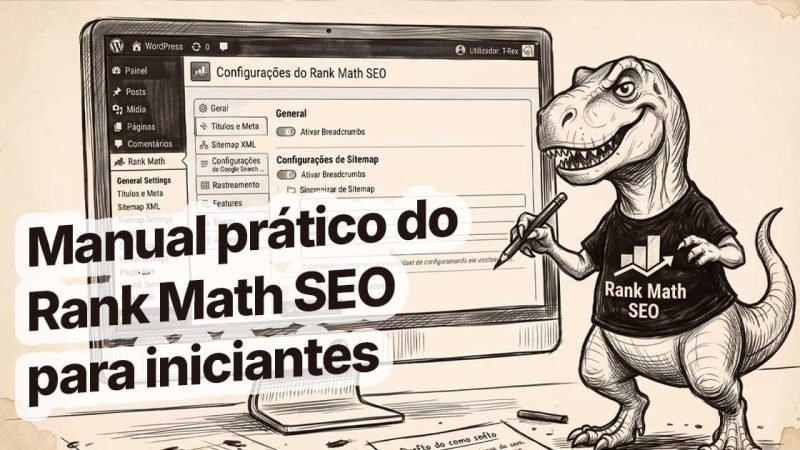 Ilustração de um t-rex estilo sketch design e cartoon, desenhando uma tela com funcionalidades do Rank Math SEO. Do lado esquerdo o título "Manual prático do Rank Math SEO para iniciantes".