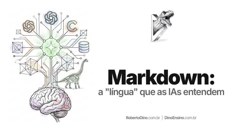 Ilustração em sketch design do lado esquerdo com título do lado direito: Markdown: a "língua" que as IAs entendem