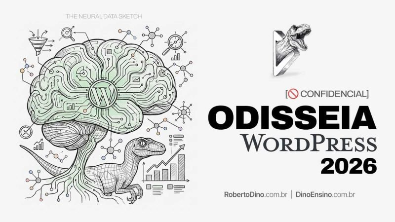 Ilustração técnica de um cérebro cibernético com a marca do WordPress integrado a um dinossauro, ao lado do título "ODISSEIA WORDPRESS 2026", o selo Confidencial e o logotipo de Roberto Dino.