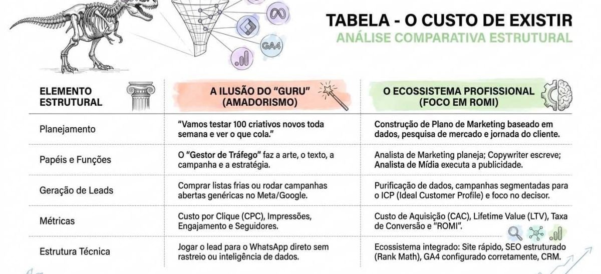 Tabela comparativa estrutural do custo de existir da sua empresa: a ilusão do guru vs o ecossistema profissional (ROMI).