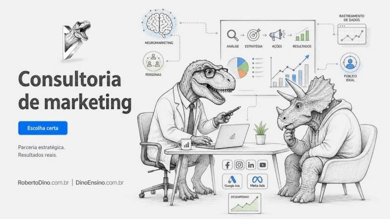 Ilustração sobre consultoria de marketing digital mostrando dois dinossauros reunidos em escritório analisando dados, estratégias e ferramentas.