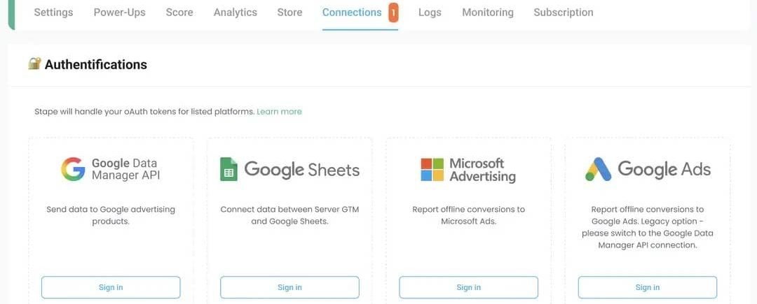 Captura de tela do painel do Stape na aba Connections, exibindo cartões de autenticação de plataformas para envio de dados e conversões offline, incluindo Google Data Manager API, Google Sheets, Microsoft Advertising e Google Ads.