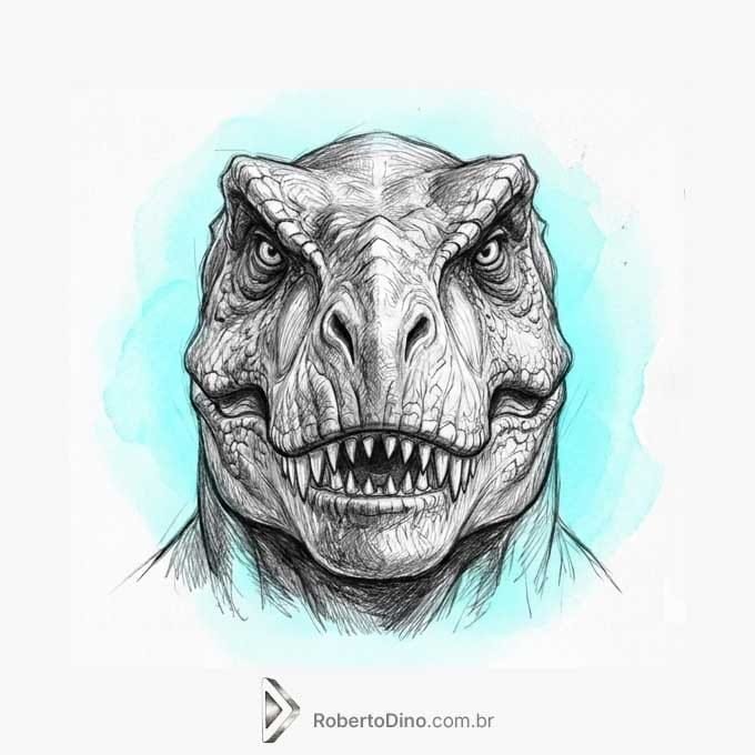 Ilustração em desenho a lápis da cabeça de um T-Rex encarando de frente sobre mancha aquarelada azul com o logotipo RobertoDino.com.br.