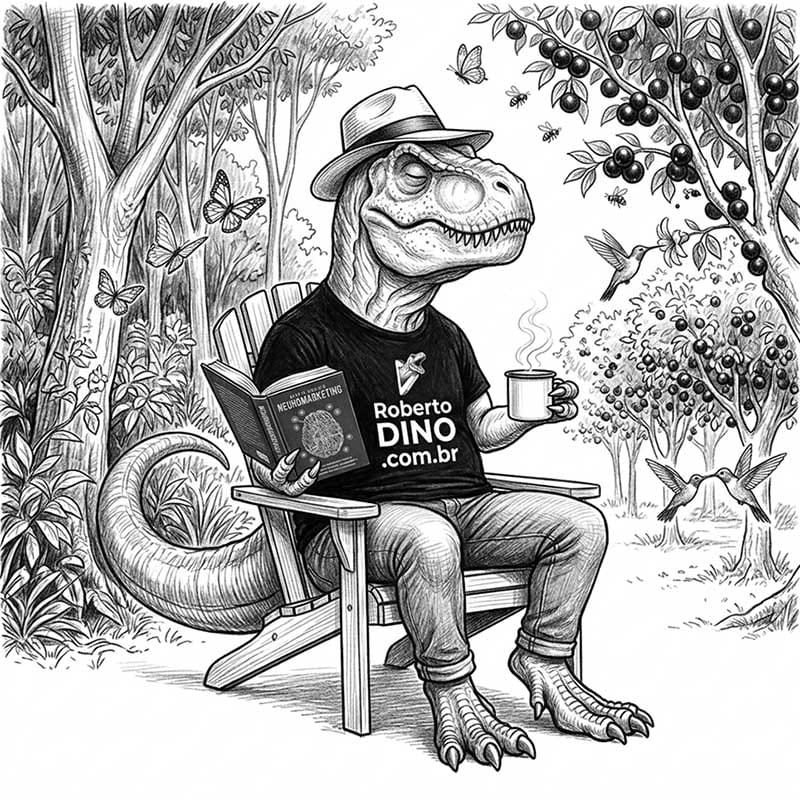 Ilustração a lápis do T-Rex sentado em uma cadeira de jardim lendo o livro Neuromarketing e segurando uma xícara de café fumegante.