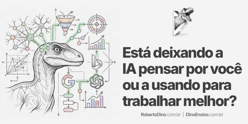 Ilustração conceitual com um dinossauro cercado por diagramas de inteligência artificial, funis de marketing e gráficos, com o título "Está deixando a IA pensar por você ou a usando para trabalhar melhor?".