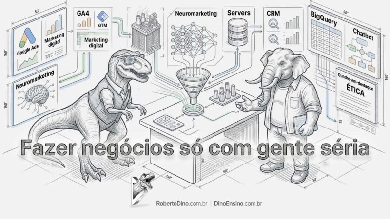 Ilustração com o título "Fazer negócios só com gente séria" mostrando um dinossauro e um elefante executivos analisando funis de dados e arquitetura de marketing.