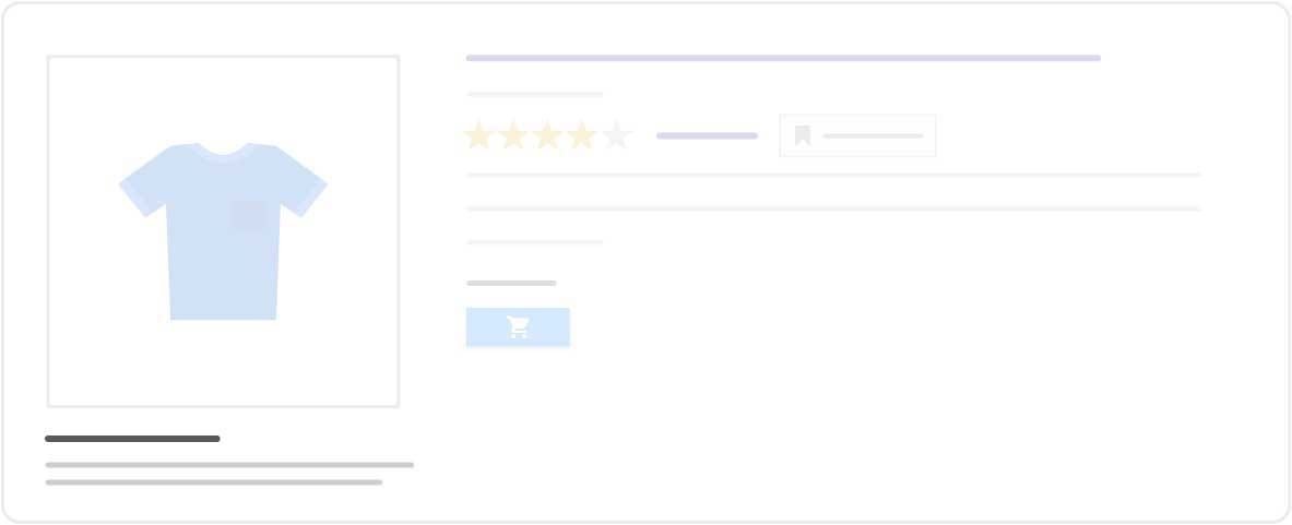 Demonstrativo de como os produtos são expostos no Google Shopping após a padronização com o Manufacturer Center, em cores pastéis, apenas silhuetas de textos, botões, estrelas e produtos..