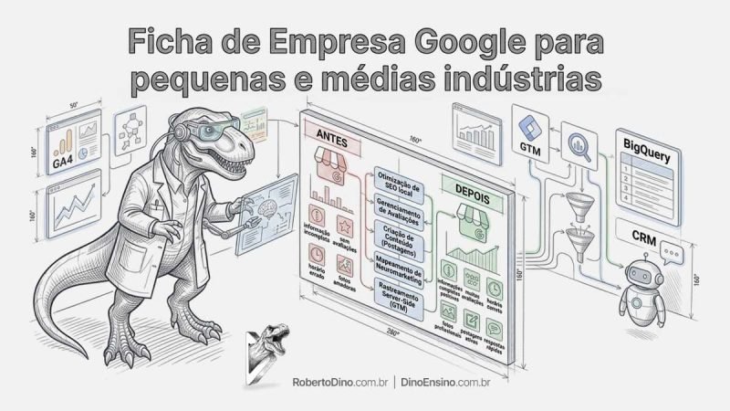 Ilustração sobre Ficha de Empresa Google para pequenas e médias indústrias mostrando um T-Rex executivo comparando cenários de ANTES e DEPOIS com ferramentas de SEO e dados.