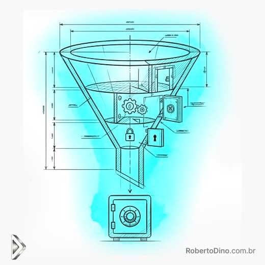 Desenho técnico de um funil de vendas em corte com portas de cofre, cadeados e engrenagens desaguando em um cofre-forte de privacidade de dados.