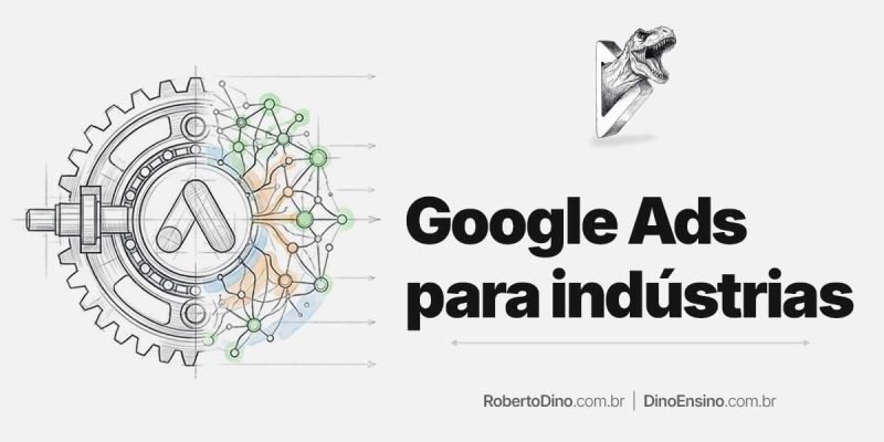 Ilustração sobre Google Ads para indústrias conectando engrenagem técnica a uma rede de nós digitais e inteligência de dados.