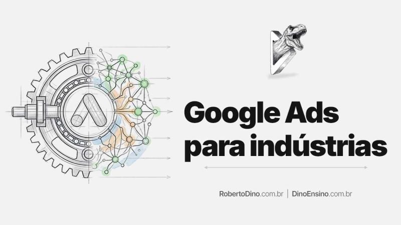 Ilustração sobre Google Ads para indústrias conectando engrenagem técnica a uma rede de nós digitais e inteligência de dados.