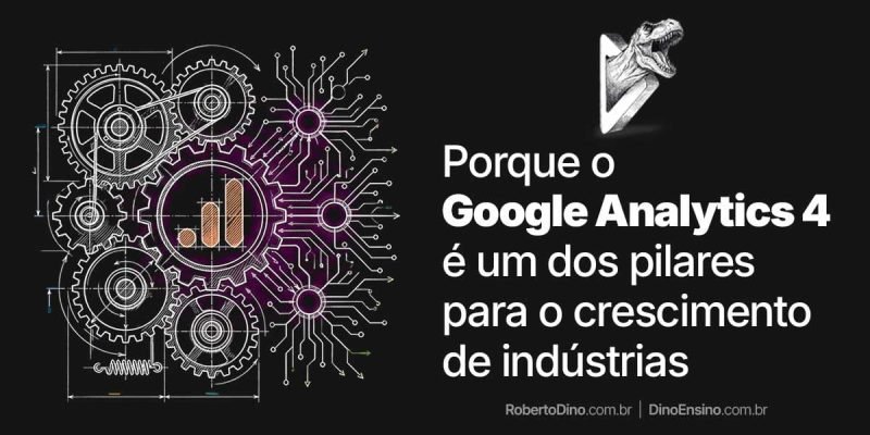 Ilustração sobre o Google Analytics 4 como pilar para o crescimento de indústrias, mostrando engrenagens e circuitos digitais em fundo escuro.