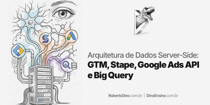 Ilustração sobre arquitetura de dados Server-Side conectando servidor a ícones do GTM, Stape, Google Ads e BigQuery com texto descritivo.