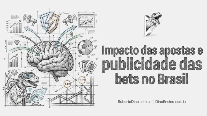 Infográfico ilustrado sobre o "Impacto das apostas e publicidade das bets no Brasil" mostrando um cérebro conectado a diagramas de apostas, futebol, gráficos e um T-Rex cientista.