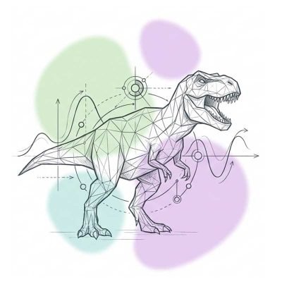 Ilustração de um tiranossauro rex em sktech design, com formas geométricas e elementos de análise de dados.