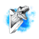 Logo Roberto Dino nova. Um D (de 'Dino') em formato do símbolo de "Play" (tocar) e um Tiranossauro Rex saindo de dentro do botão de play.